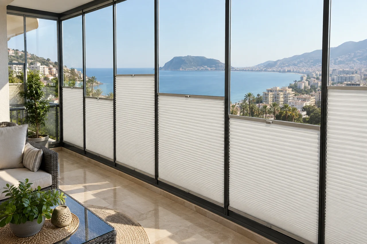 Alanya’da cam balkona takılmış plise perde ve deniz manzarası